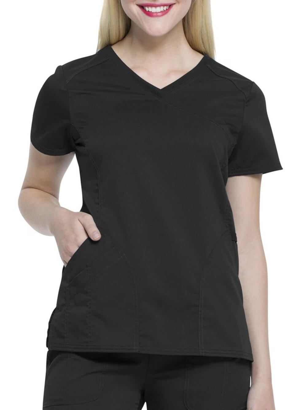 Women's Premium Rayon Mock Wrap Scrub Top, Black, XL